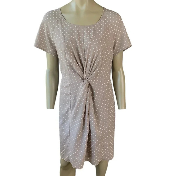 J. Crew Short Sleeve Polka Dot Knot Waist Chiffon Sheath Dress Size 14 Brown Tan - Picture 2 of 16